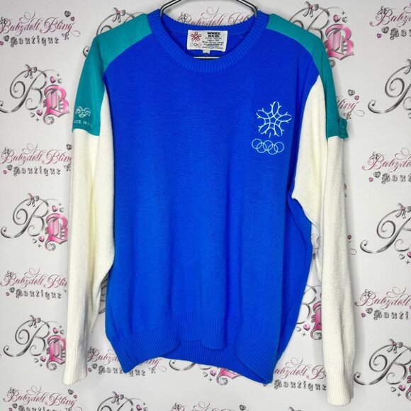 White ram 1988 olympics Blue and White Olympic Sweater snowflake embroidered - Picture 1 of 9